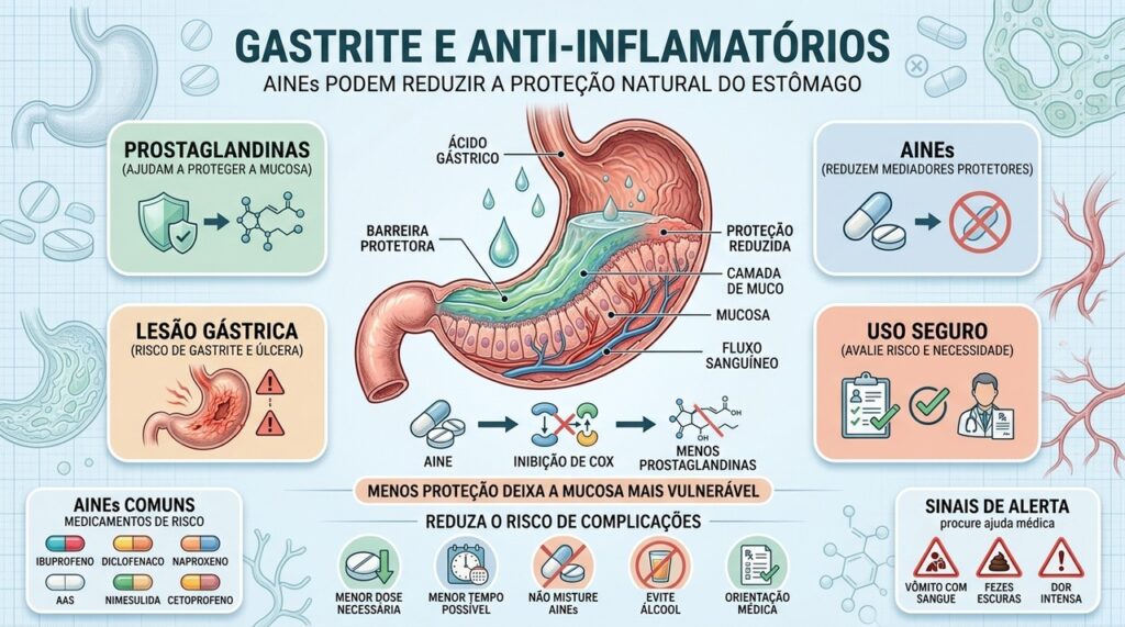 AINEs reduzem defesas da mucosa e podem aumentar úlceras e sangramento digestivo.