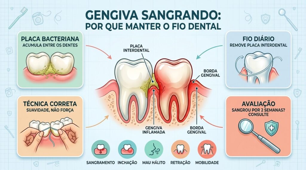 Placa, técnica correta e sinais de alerta orientam o cuidado gengival diário.