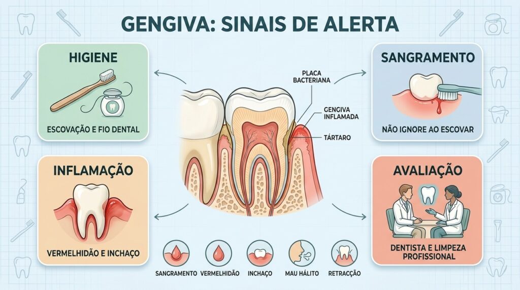 Higiene diária, sinais de inflamação e avaliação odontológica ajudam a prevenir complicações gengivais.