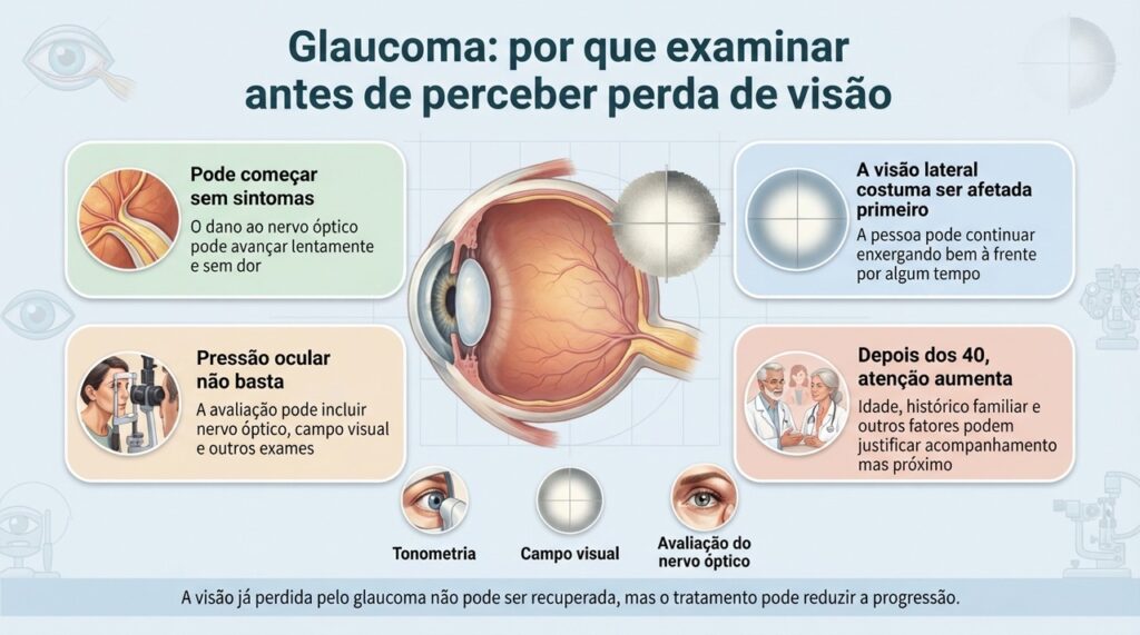 Examinar pressão, nervo óptico e campo visual ajuda a identificar glaucoma antes que a perda de visão se torne evidente.