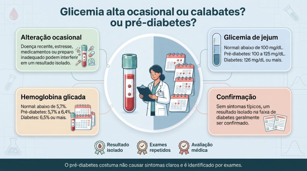 Glicemia de jejum e hemoglobina glicada ajudam a diferenciar uma alteração isolada de um quadro persistente de pré-diabetes.