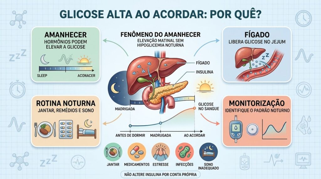 Fígado, hormônios, rotina noturna e monitorização ajudam a explicar a glicose matinal.