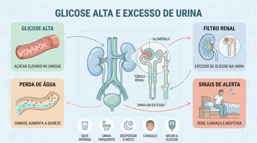 Glicose na urina atrai água, aumentando as micções e reforçando a importância da investigação clínica.
