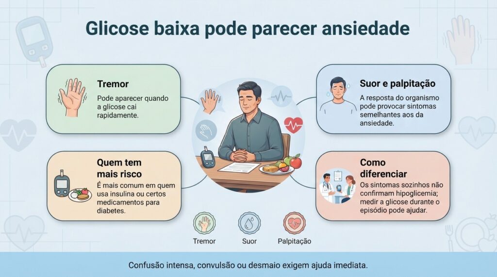 Hipoglicemia e ansiedade podem causar sensações parecidas, mas a origem dos sintomas precisa ser investigada.