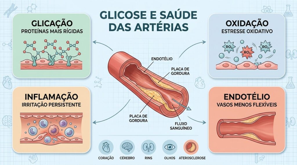 Glicação, oxidação, inflamação e disfunção endotelial participam da lesão arterial progressiva.