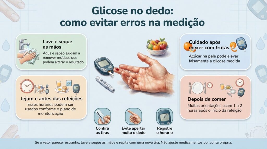 Resíduos de açúcar de frutas ou outros alimentos podem contaminar a gota de sangue e alterar a medição.