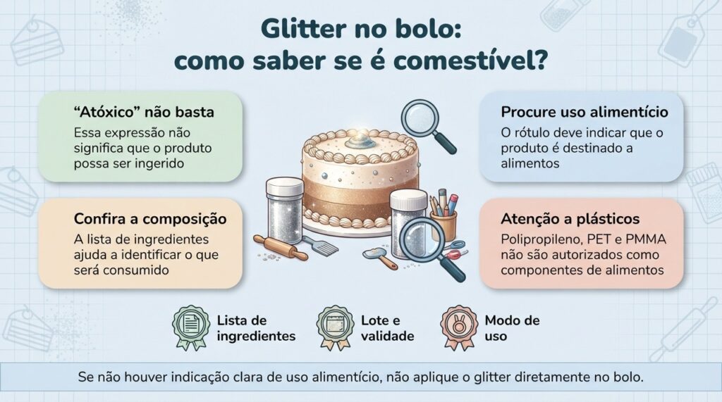 O brilho comestível deve ter indicação de uso alimentício e ingredientes adequados para consumo.