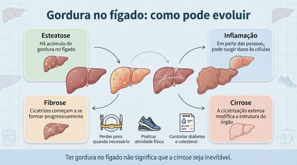A progressão não acontece com todos: o risco aumenta quando surgem inflamação e fibrose ao longo do tempo.