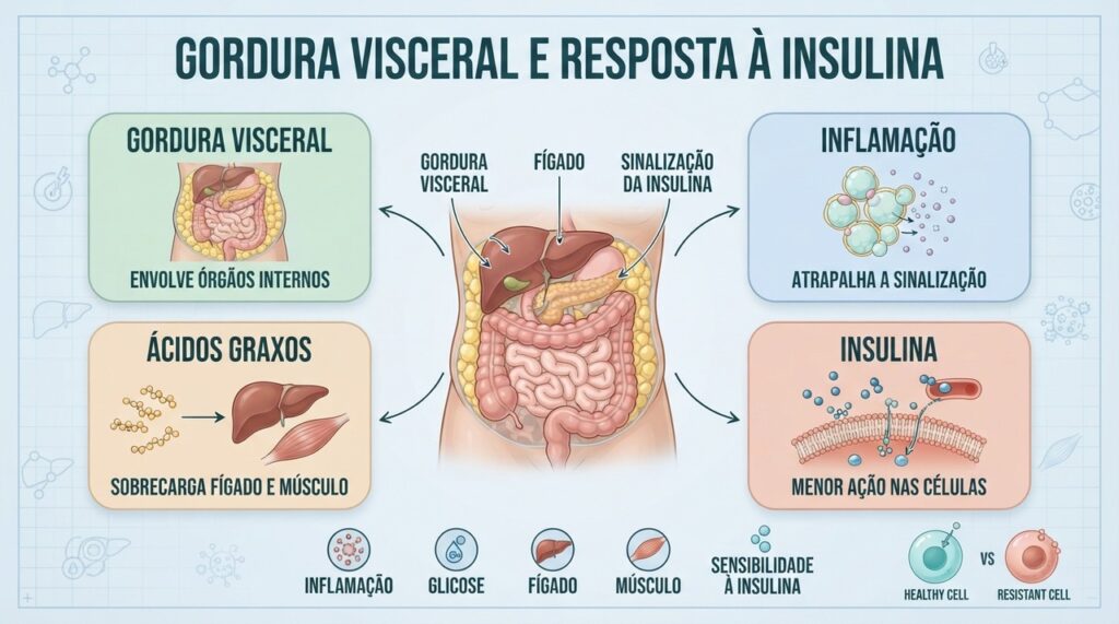 Gordura visceral pode afetar fígado, músculos e sinalização da insulina simultaneamente.
