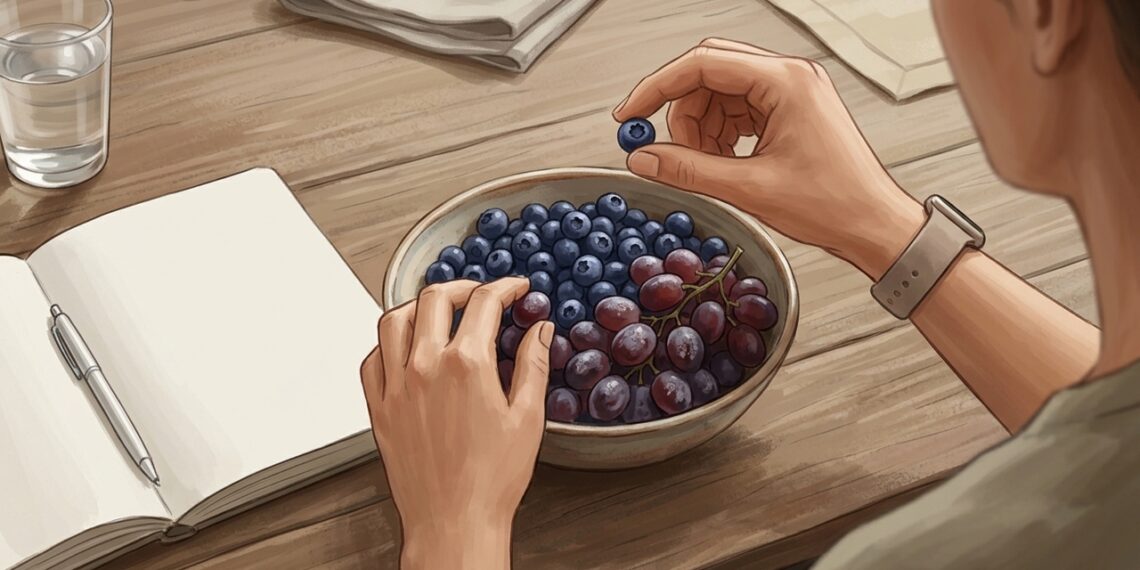 Mirtilos e uvas oferecem antioxidantes, mas fibras, porções e consumo inteiro influenciam a glicose.