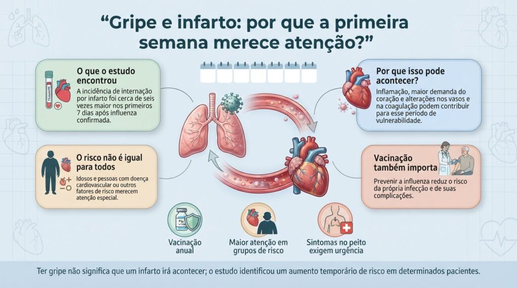 Estudos observaram maior incidência de infarto na primeira semana após influenza, sobretudo em pessoas mais velhas e com maior risco cardiovascular.