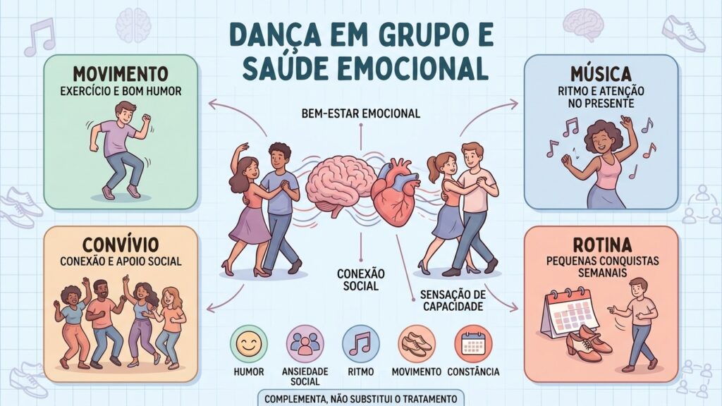 Movimento, música, convivência e rotina tornam a dança uma aliada complementar da saúde mental.