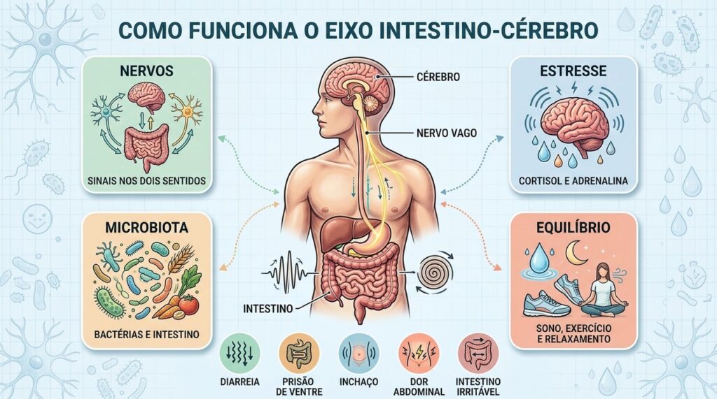 Nervos, hormônios e microbiota conectam emoções a alterações no funcionamento intestinal.