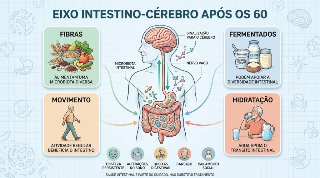 Fibras, fermentados, movimento e hidratação ajudam a cuidar do eixo intestino-cérebro.