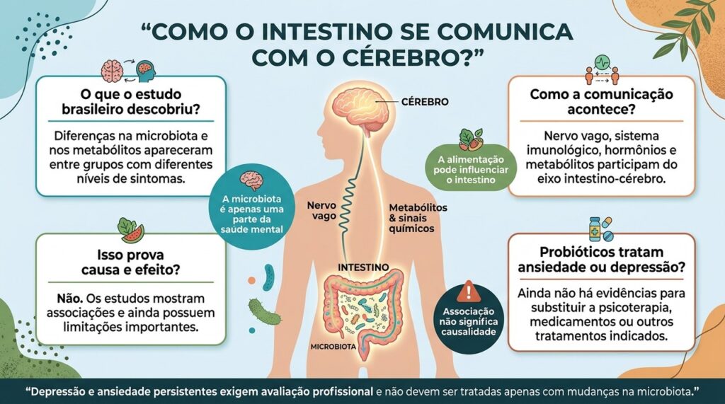 A microbiota intestinal pode participar de mecanismos ligados ao humor, mas as pesquisas ainda não mostram que alterações bacterianas sejam a causa direta de ansiedade ou depressão.