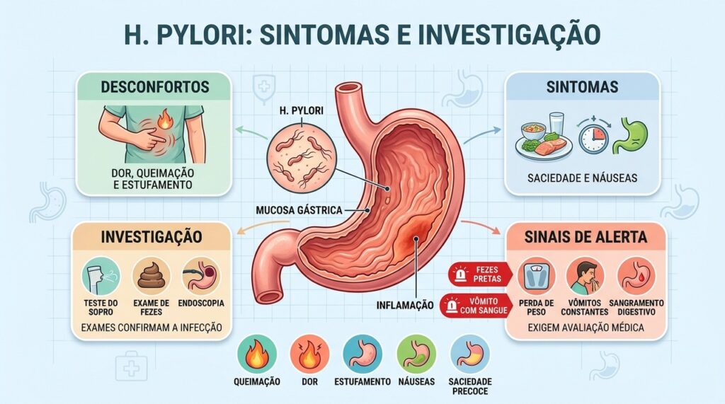 Dor, estufamento, náuseas e exames específicos ajudam a investigar possível infecção gástrica.