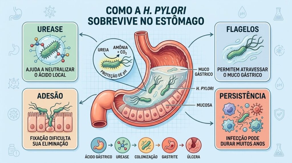 Urease, flagelos e adesão permitem à H. pylori resistir e colonizar o estômago.