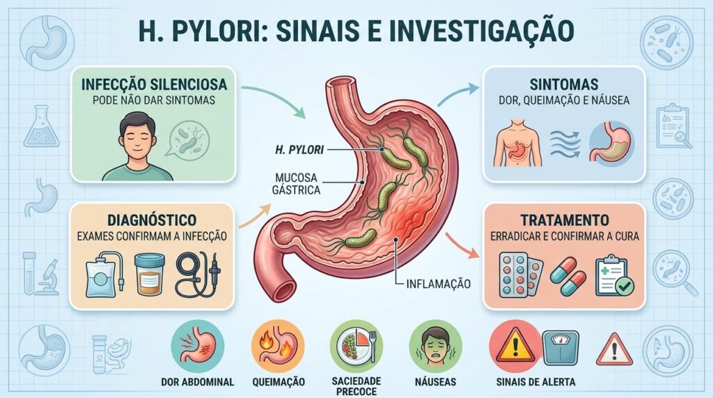 Infecção silenciosa, sintomas digestivos e exames específicos orientam o diagnóstico da H. pylori.