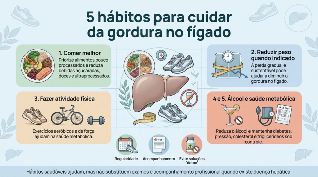 O cuidado com a esteatose envolve alimentação, peso, exercícios, redução do álcool e controle das alterações metabólicas.