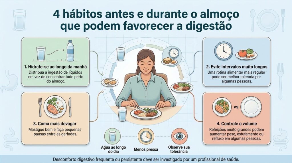 Hidratação, regularidade das refeições, mastigação mais lenta e porções adequadas podem favorecer o conforto após o almoço.
