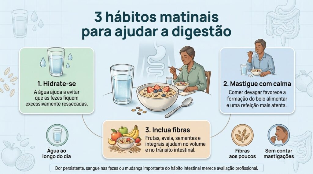 Pequenas mudanças na manhã podem apoiar hidratação, mastigação e ingestão de fibras sem transformar o café da manhã em uma rotina rígida.
