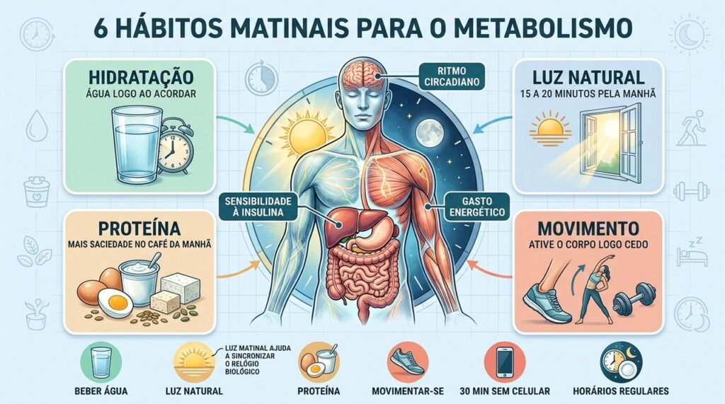 Hidratação, luz, proteína, movimento, menos telas e rotina apoiam o metabolismo matinal.