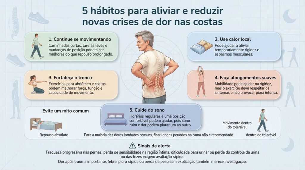 Movimento, calor, fortalecimento, alongamentos e sono adequado podem ajudar em dores lombares comuns, mas sinais de alerta exigem avaliação médica.