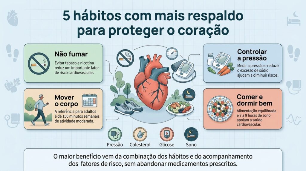 As estratégias mais consistentes para proteger o coração envolvem vários hábitos mantidos em conjunto ao longo do tempo.