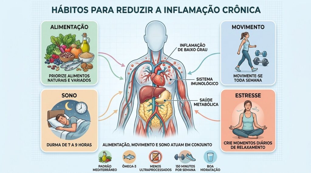 Alimentação, movimento, sono e controle do estresse ajudam a modular a inflamação crônica.