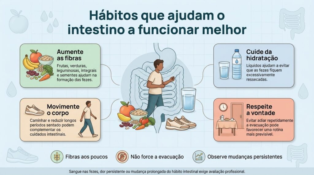 Uma rotina intestinal saudável combina alimentação, água, movimento e respeito aos sinais do próprio corpo.