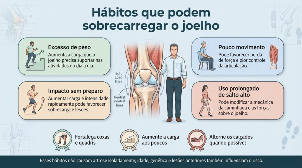 Alguns hábitos aumentam a sobrecarga no joelho, mas o desgaste articular resulta da combinação de vários fatores.