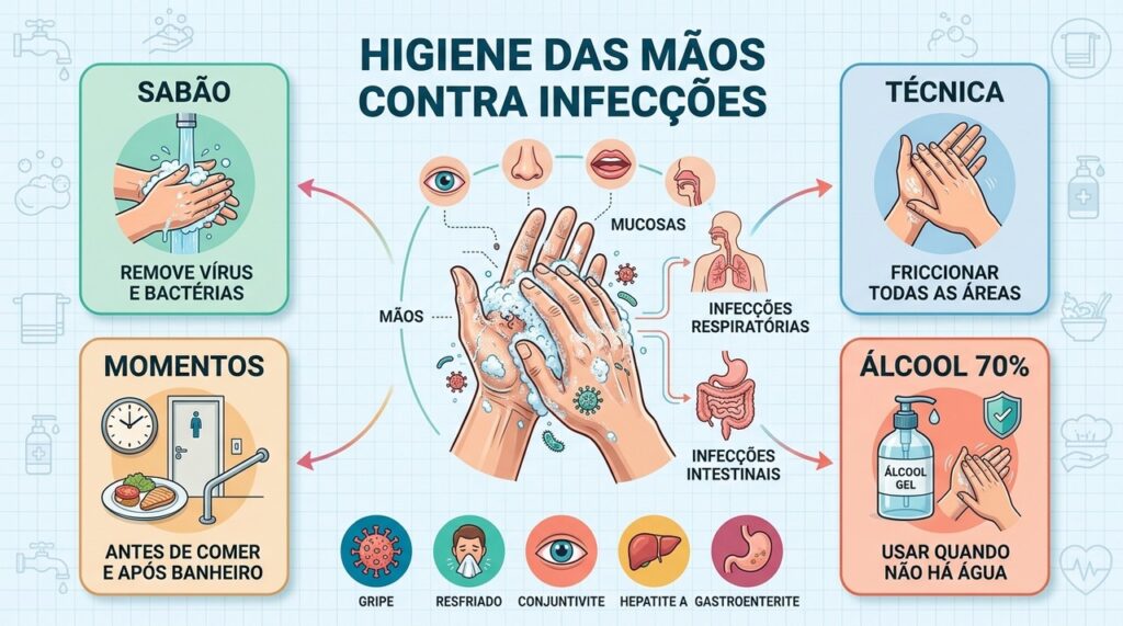 Sabão, fricção, tempo adequado e álcool 70% reduzem infecções.