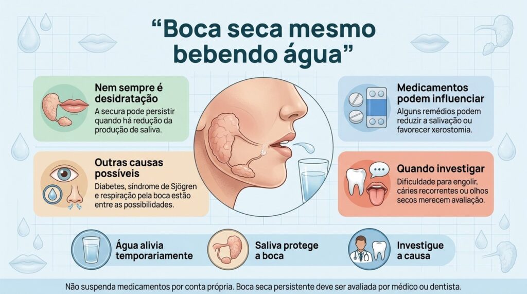 A boca seca persistente pode ter relação com medicamentos, redução da saliva ou outras condições e merece investigação quando se repete.