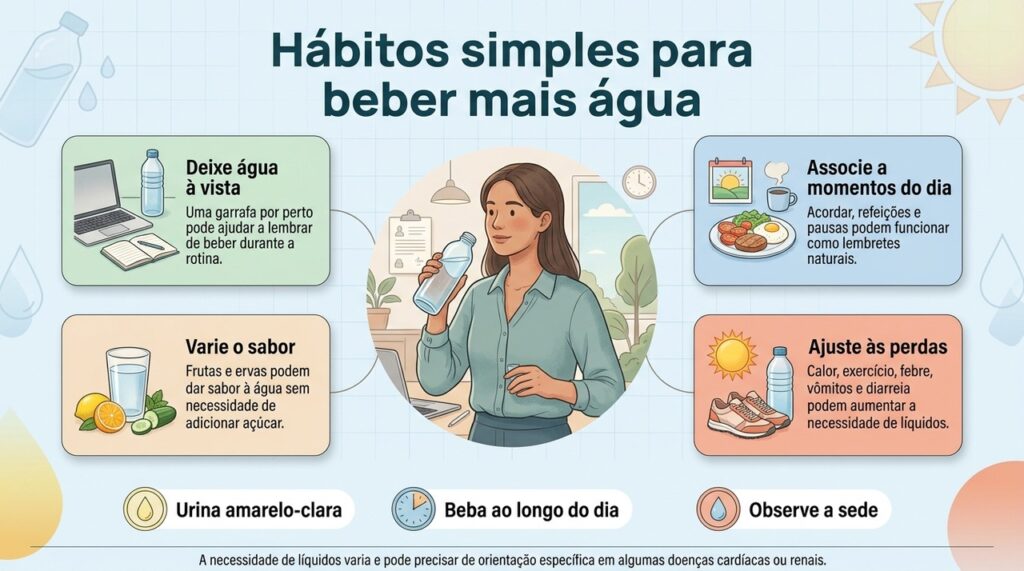 A hidratação pode ser construída ao longo do dia com lembretes simples e atenção às necessidades individuais.