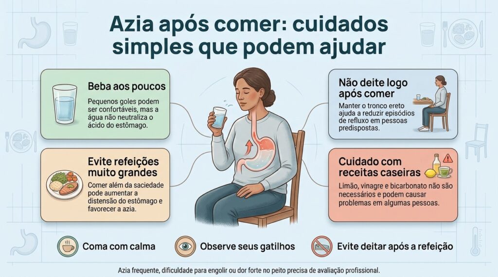 A azia ocasional pode melhorar com medidas simples, mas sintomas frequentes ou sinais de alerta precisam de avaliação médica.