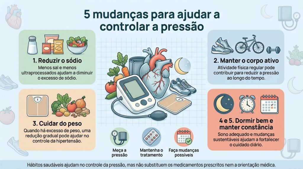 Hábitos simples podem contribuir para controlar a pressão, desde que acompanhem o tratamento e o acompanhamento profissional.
