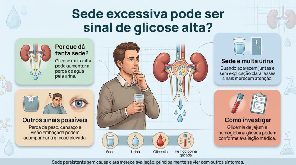 Sede excessiva e aumento da urina podem aparecer quando a glicose está alta, mas o diagnóstico depende de avaliação e exames.