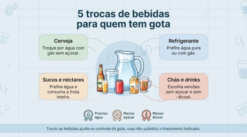 Reduzir bebidas alcoólicas e açucaradas faz parte do controle da gota, junto do tratamento adequado.