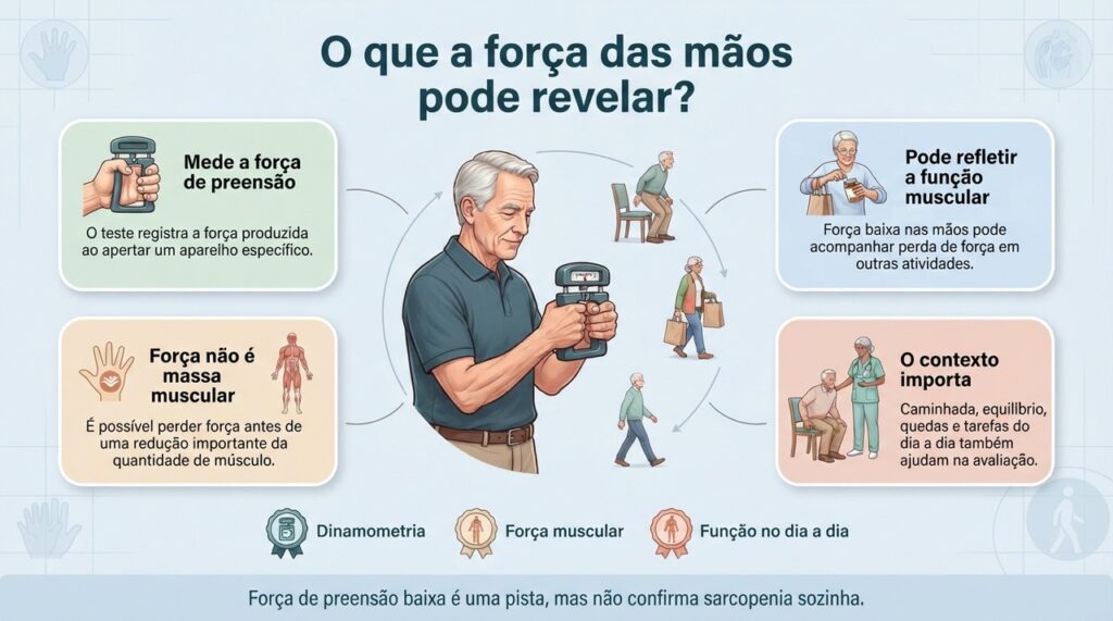 A força das mãos pode ajudar a identificar quem precisa de uma avaliação mais completa da saúde muscular.