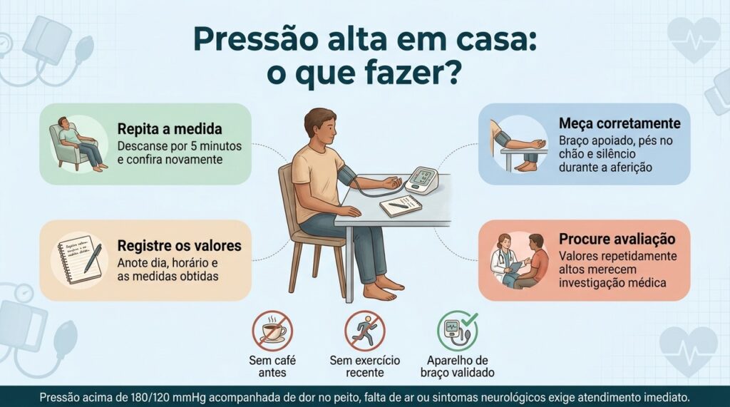 Pressão alta repetida merece avaliação, enquanto valores muito elevados associados a sintomas importantes podem exigir atendimento imediato.