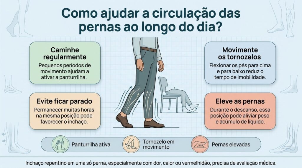 Movimento frequente, ativação da panturrilha e elevação das pernas podem ajudar no desconforto causado por longos períodos parado.