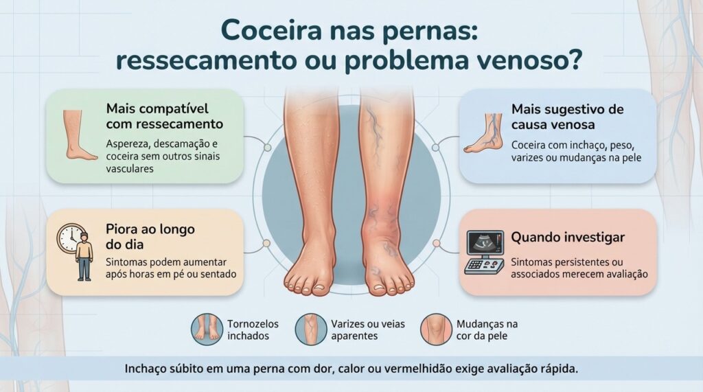 A coceira de origem venosa costuma chamar mais atenção quando vem acompanhada de edema, peso, varizes ou alterações na pele.