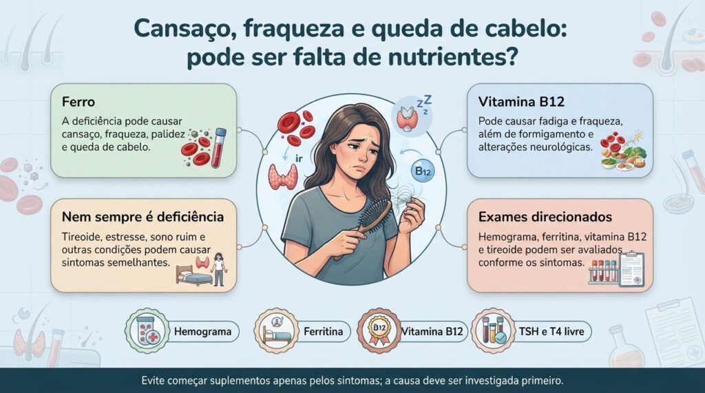 Exames direcionados ajudam a diferenciar deficiências nutricionais de outras causas de cansaço, fraqueza e queda de cabelo.