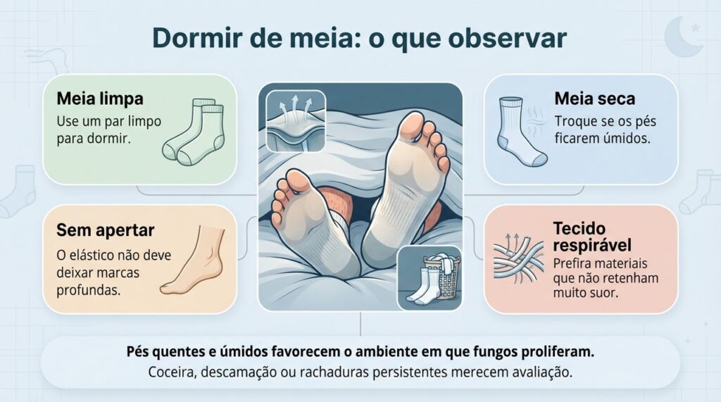 O principal cuidado ao dormir de meia é evitar tecido apertado, úmido ou pouco respirável.