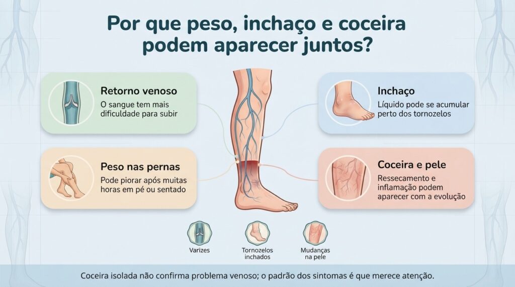 Quando vários sintomas aparecem juntos e se repetem, a hipótese de insuficiência venosa ganha mais relevância.
