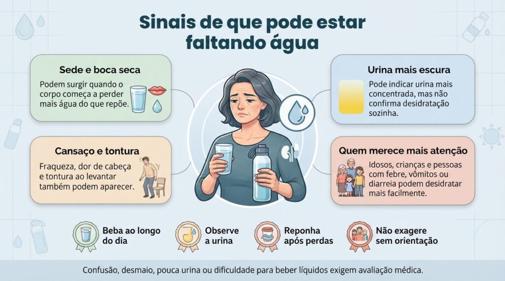 Vários sinais em conjunto podem indicar que a hidratação precisa de atenção, especialmente quando há perdas de líquidos.