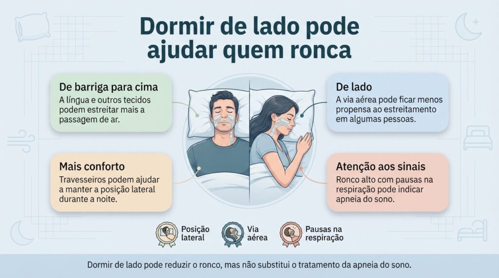 A posição lateral pode ajudar no ronco posicional, enquanto pausas na respiração precisam de avaliação.
