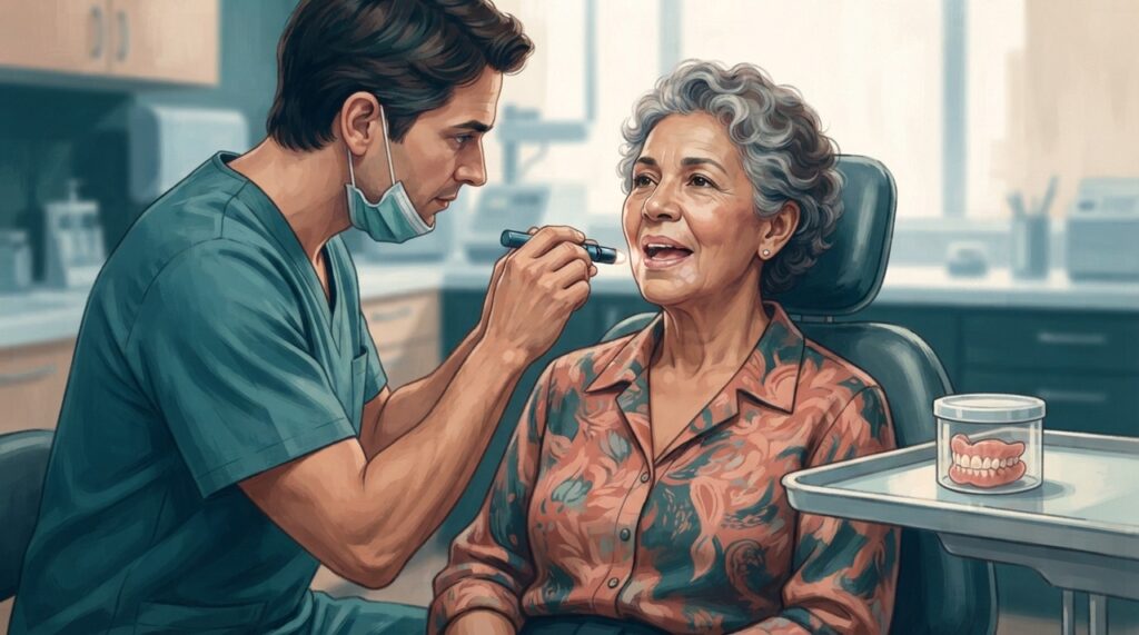 Em pessoas mais velhas, próteses dentárias, boca seca e alguns medicamentos podem aumentar o risco de candidíase oral.