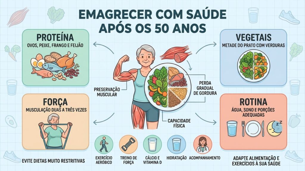 Refeições equilibradas, treino de força, hidratação e sono apoiam a perda de gordura com mais segurança.