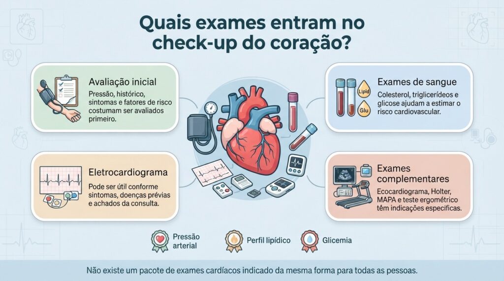 O check-up do coração deve ser individualizado conforme idade, sintomas, histórico e fatores de risco.